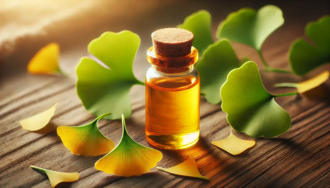 A small glass bottle filled with golden Ginkgo Biloba extract, placed on a wooden surface. Fresh Ginkgo leaves surround the bottle, symbolizing the natural health benefits of the extract. Soft lighting enhances the warm, organic feel of the scene.
