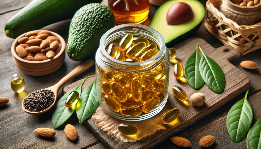 A close-up of a glass jar filled with golden fish oil capsules on a wooden surface, surrounded by natural brain-boosting ingredients like avocados, almonds, and green tea leaves, highlighting cognitive health support.