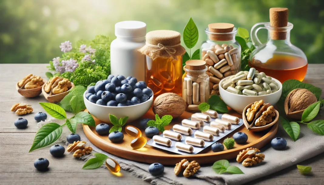 A selection of vitamin capsules and softgels displayed on a wooden tray, accompanied by fresh ingredients like blueberries, walnuts, and green tea leaves, known for supporting focus and attention in a natural setting.