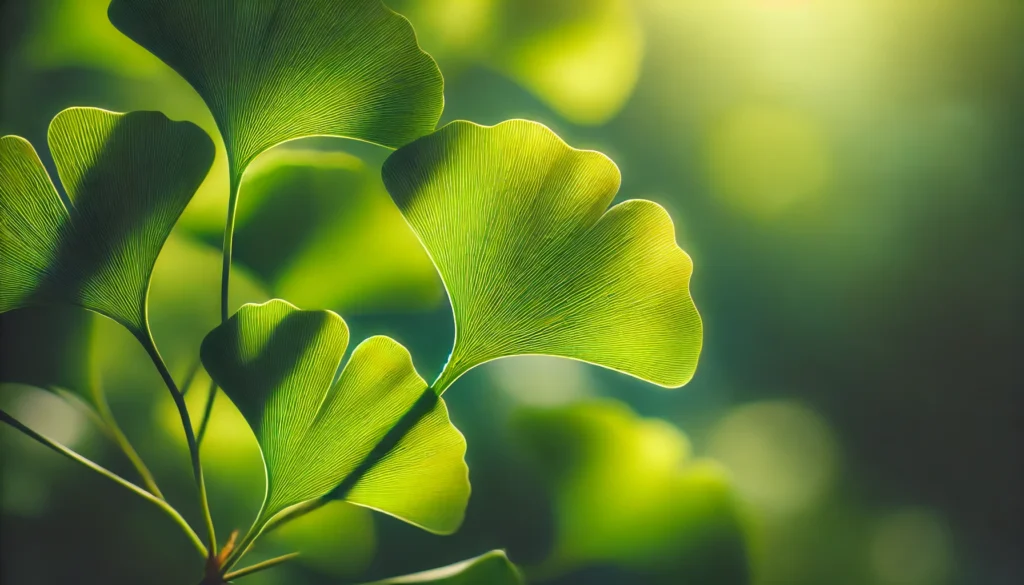 A close-up of vibrant green Ginkgo Biloba leaves illuminated by sunlight. The fan-shaped leaves have a smooth texture and are gently swaying in a natural outdoor setting. The soft focus background highlights the fresh, organic beauty of the plant.