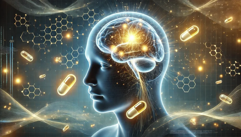 A glowing brain surrounded by floating Vitamin B12 capsules, with soft blue and golden energy waves. The high-tech background features subtle molecular details, visually representing cognitive enhancement with no text or symbols.