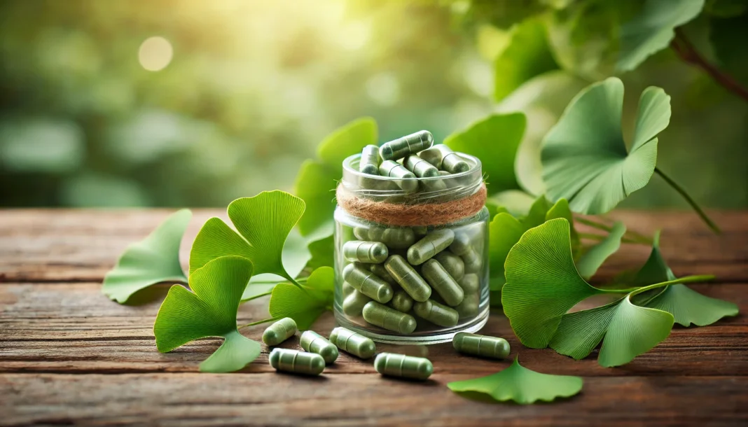 A natural scene showing a glass jar filled with Ginkgo Biloba capsules on a wooden surface, surrounded by vibrant green Ginkgo leaves in an outdoor garden setting.