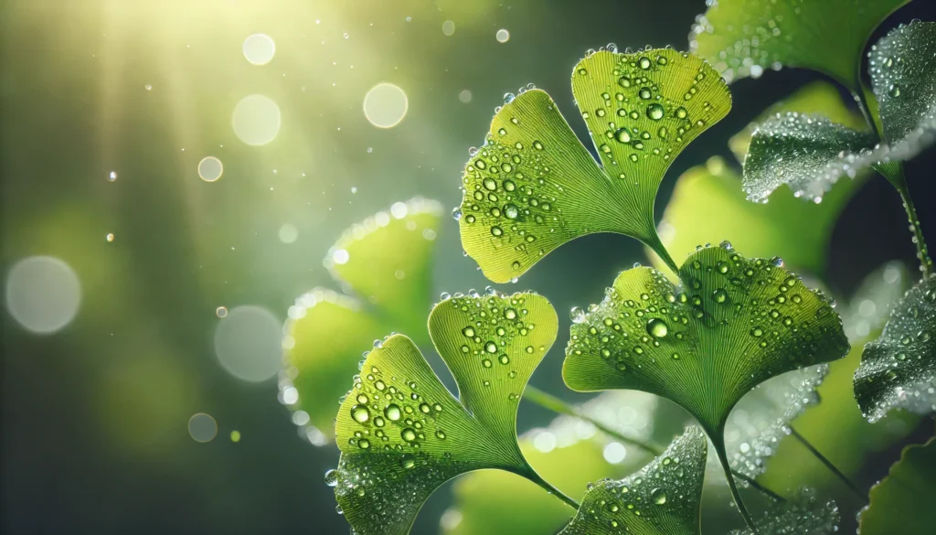 Fresh Ginkgo Biloba leaves covered in tiny water droplets, glistening under soft natural light. The leaves’ unique fan shape is highlighted against a blurred green background, emphasizing their purity and connection to nature.