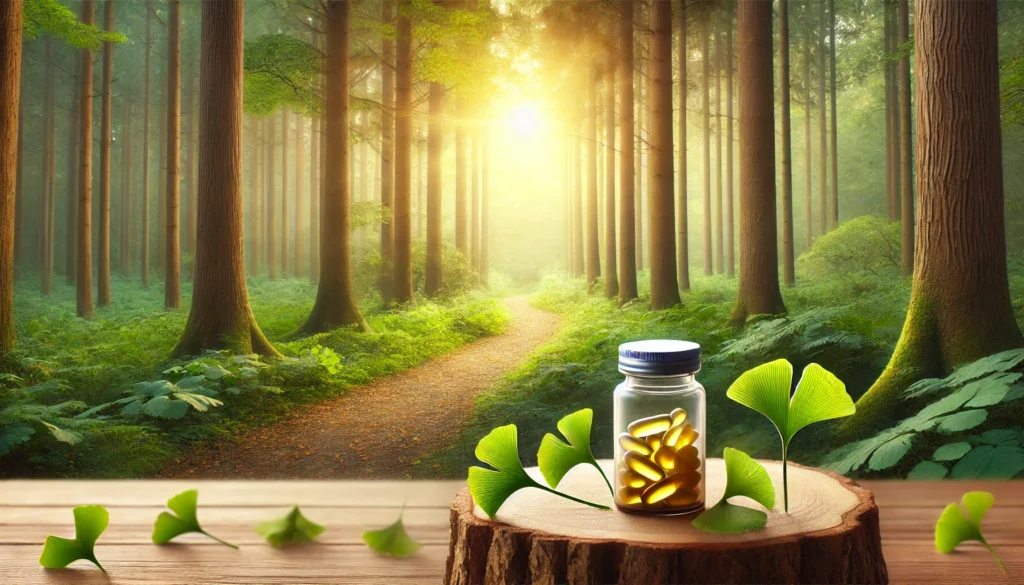 A serene forest path with sunlight filtering through trees and Ginkgo leaves falling in the foreground, with a bottle of Ginkgo Biloba supplements placed on a tree stump.