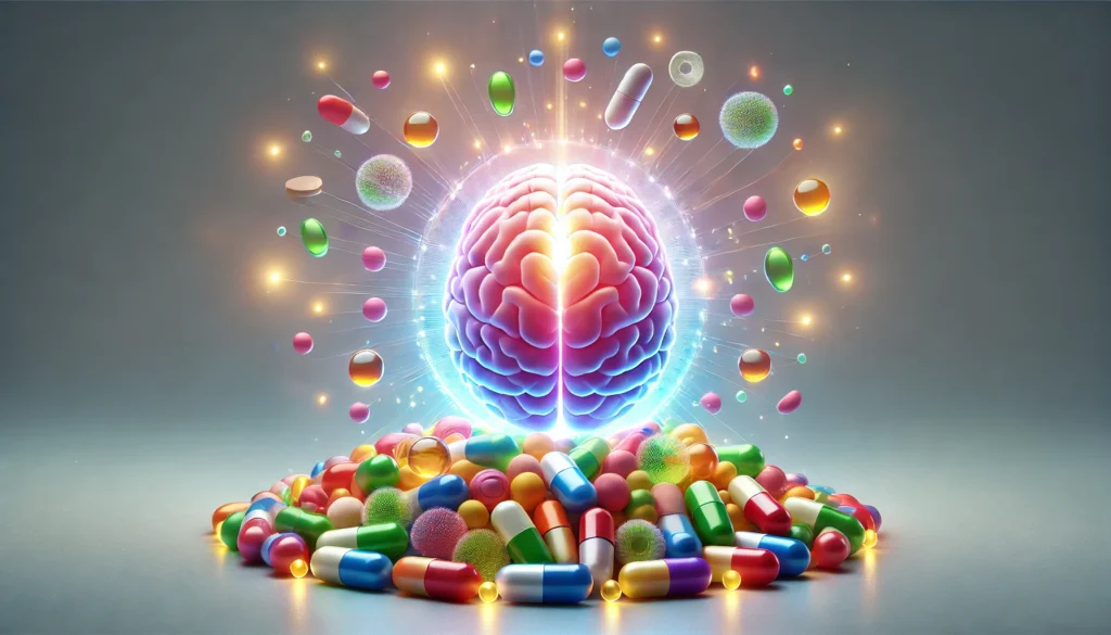 A futuristic visualization of a glowing human brain surrounded by vibrant multivitamin capsules, symbolizing cognitive enhancement and memory support.