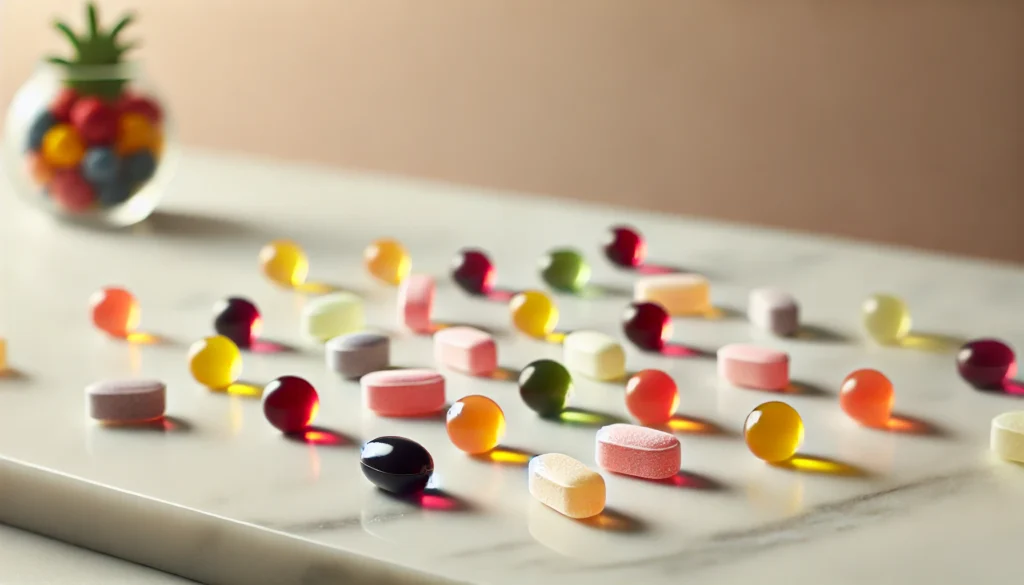 A variety of colorful gummy supplements scattered on a sleek marble surface. The gummies have a glossy texture, representing premium brain-health ingredients. The setting is minimalistic, with soft natural lighting enhancing the details of the gummies.