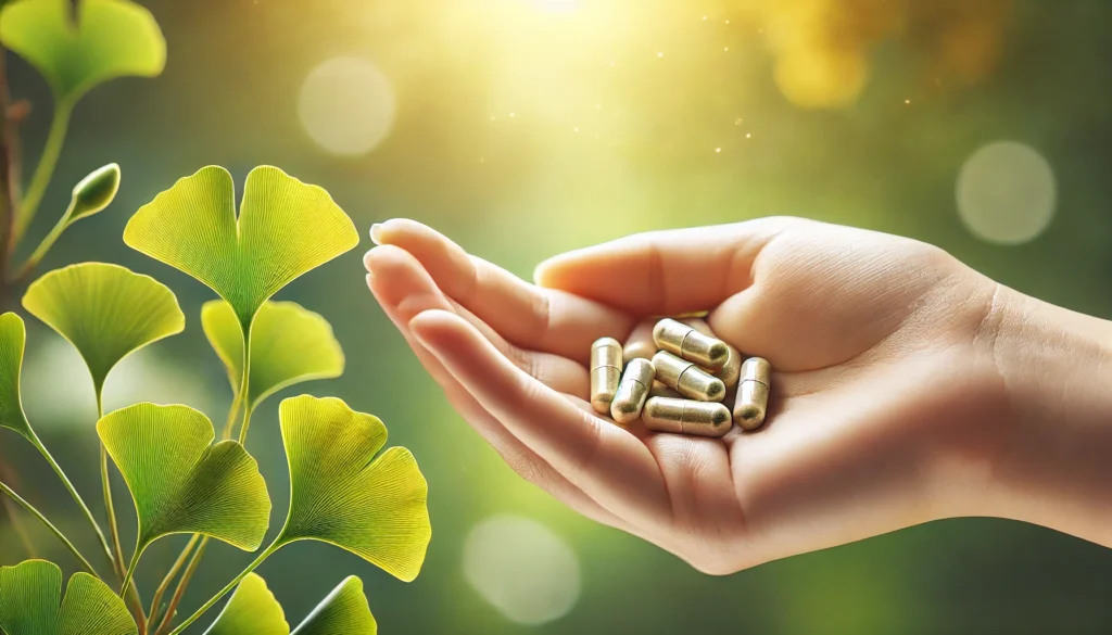 A close-up of a hand holding Ginkgo Biloba capsules, with fresh Ginkgo leaves and soft outdoor lighting in the background, evoking a natural and wellness-oriented atmosphere.