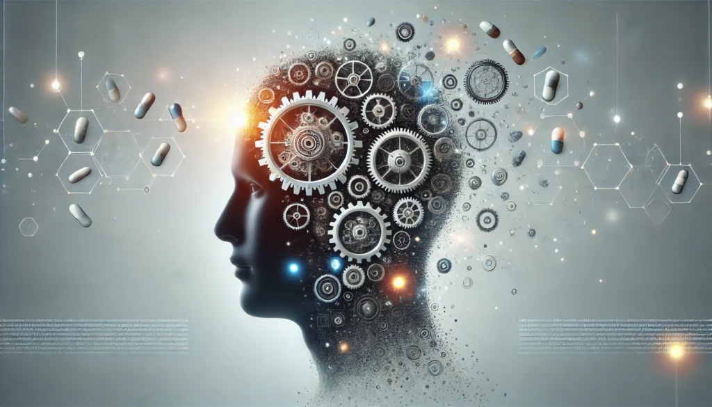 A conceptual image of a human head silhouette made of gears and cogs, surrounded by glowing supplements, symbolizing enhanced cognitive processing and support for executive function.