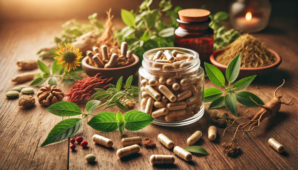 A glass jar filled with natural supplement capsules spilling onto a wooden surface, surrounded by fresh medicinal plants such as ginseng, ashwagandha, and green tea leaves, creating a warm and natural ambiance.