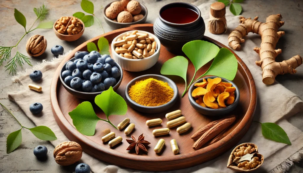 An elegant wooden tray arranged with herbal memory-enhancing supplements, including ginkgo biloba leaves, turmeric capsules, and ashwagandha roots, accompanied by blueberries, walnuts, and a cup of herbal tea.