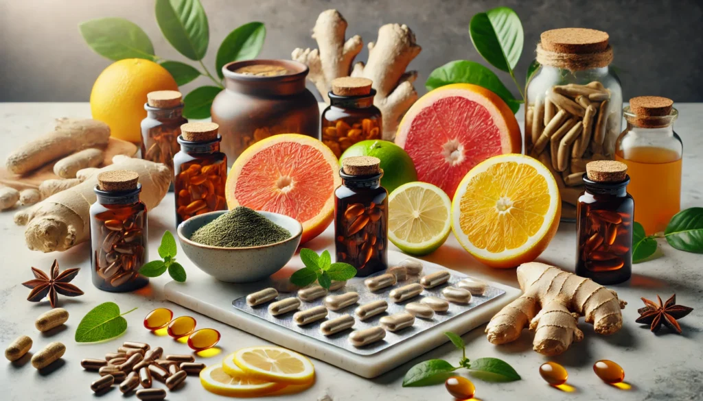 A collection of metabolism-boosting vitamin capsules and herbal supplements displayed on a marble countertop, accompanied by fresh citrus slices, ginger, and green tea leaves, symbolizing energy and enhanced metabolic function.