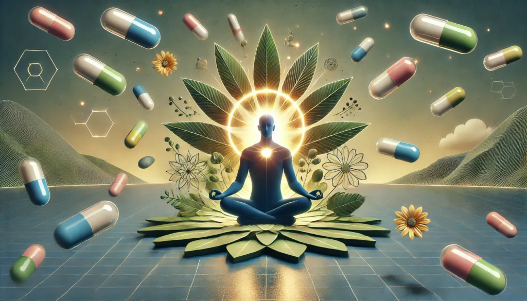A serene scene showing a person meditating with a glowing aura around their head, surrounded by floating supplement capsules, symbolizing mental clarity and executive function support through mindfulness and nutrition.