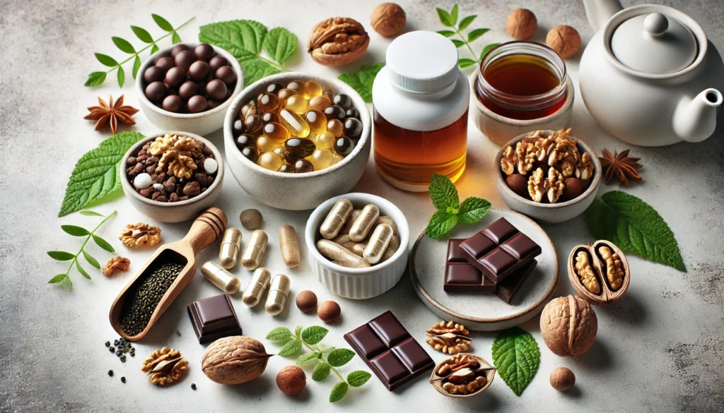 A clean and elegant arrangement of memory-boosting supplements, including softgels, herbal tablets, and vitamin capsules, surrounded by fresh ingredients like walnuts, dark chocolate, and green tea for cognitive health.