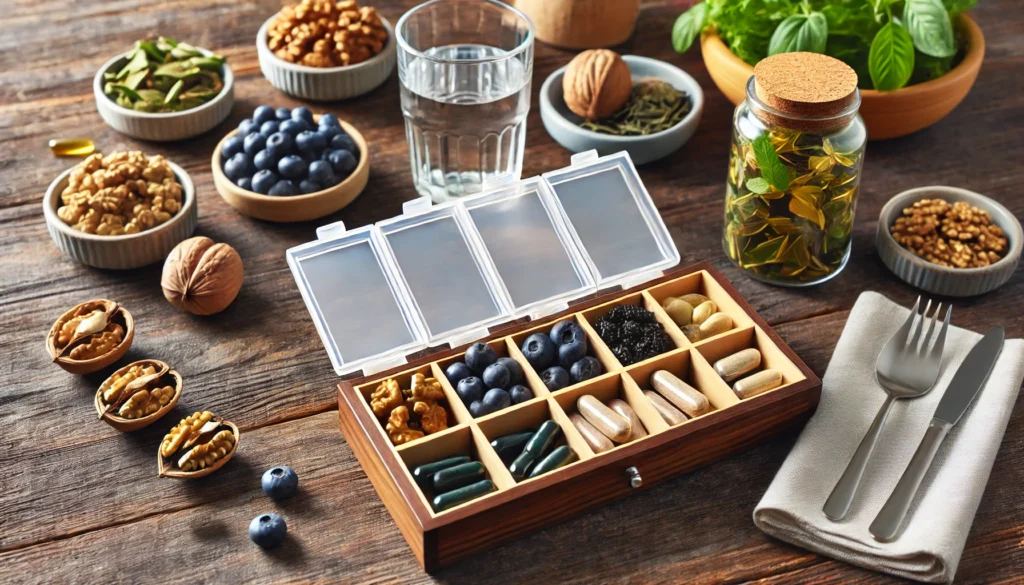 A wooden table featuring an open pill organizer filled with memory-boosting supplements for seniors, alongside a glass of water and fresh brain-healthy foods like walnuts, blueberries, and green tea leaves.