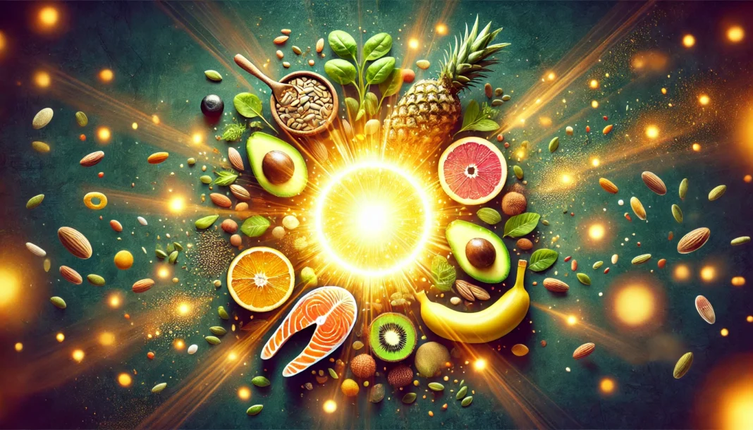 A dynamic display of B vitamin-rich foods such as avocados, salmon, bananas, and seeds arranged around a glowing center, representing the metabolic and energy-boosting benefits of B vitamins.
