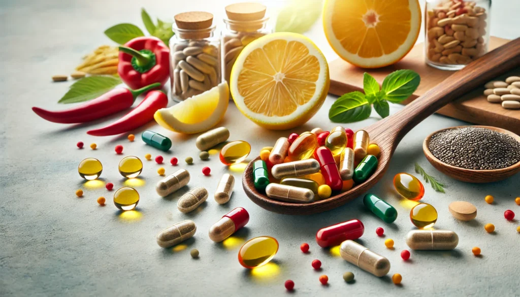 A wooden spoon filled with colorful vitamin capsules and softgels, surrounded by metabolism-boosting ingredients like lemon slices, cayenne pepper, and chia seeds, set against a bright background symbolizing energy and vitality.
