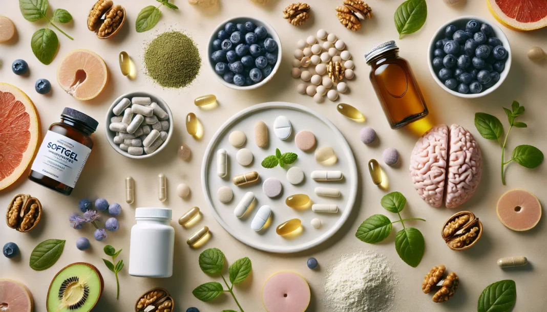 A clean, minimalist arrangement of cognitive health supplements, including softgel capsules, herbal tablets, and powdered nootropics, placed alongside brain-boosting foods like walnuts, green tea, and fresh berries on a smooth surface.