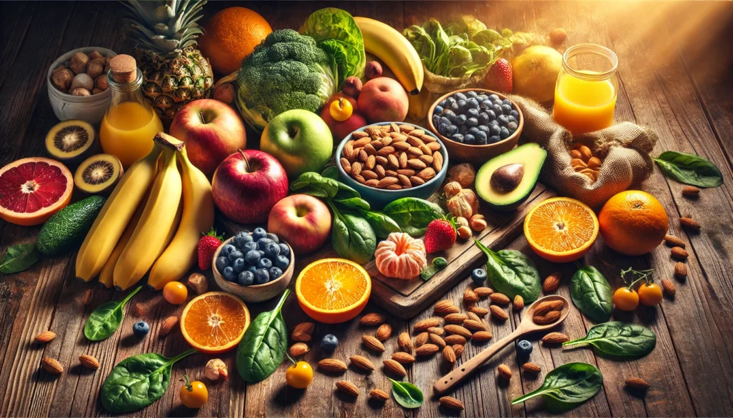 A colorful assortment of fresh fruits, vegetables, nuts, and leafy greens, rich in essential vitamins for mental well-being, arranged on a wooden table with warm natural lighting.
