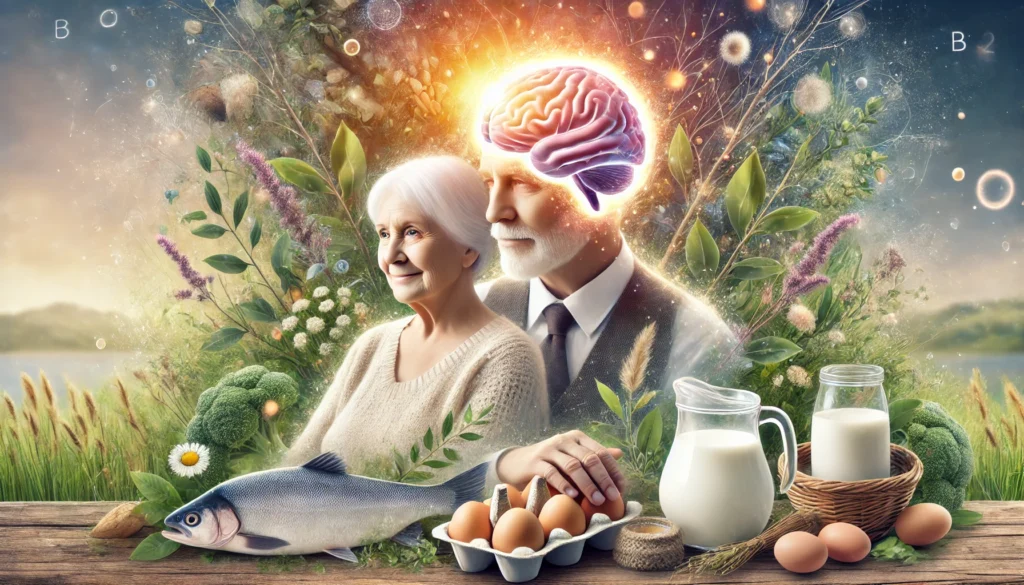 A serene elderly person with a glowing complexion sits in a peaceful garden, surrounded by nutrient-rich foods like fish, dairy, and eggs. A soft brain glow subtly represents cognitive clarity and memory retention, emphasizing natural well-being.