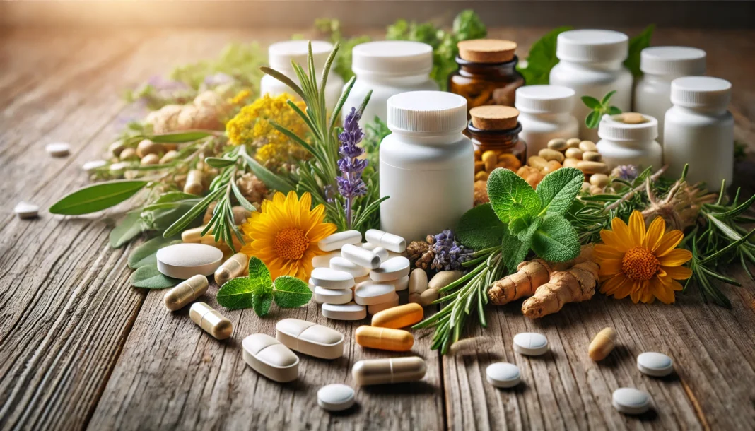 A collection of natural supplement pills and capsules displayed on a rustic wooden table, accompanied by fresh herbs like rosemary, ginkgo biloba leaves, and turmeric roots, evoking an organic and holistic wellness theme.