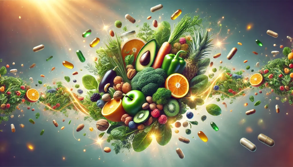 An artistic arrangement of vitamin-rich foods, including nuts, leafy greens, citrus fruits, and capsules, forming a glowing wave that represents the natural energy and wellness benefits of vitamins.