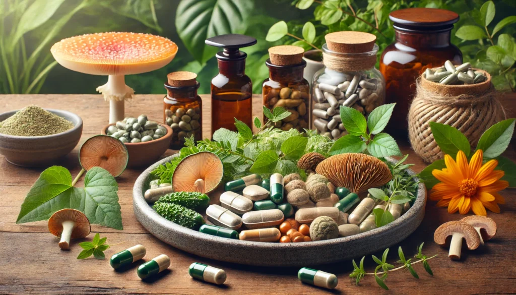 An assortment of natural nootropic pills and herbal capsules placed on a ceramic dish, accompanied by cognitive-boosting herbs like bacopa monnieri, lion’s mane mushrooms, and ginkgo biloba, set against a serene nature-inspired background.