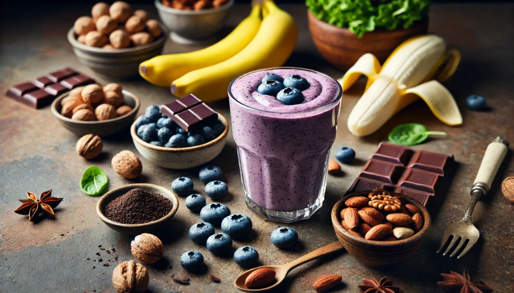 A freshly blended smoothie made with blueberries, bananas, and yogurt, surrounded by mood-enhancing ingredients like dark chocolate, nuts, and leafy greens on a rustic kitchen counter.