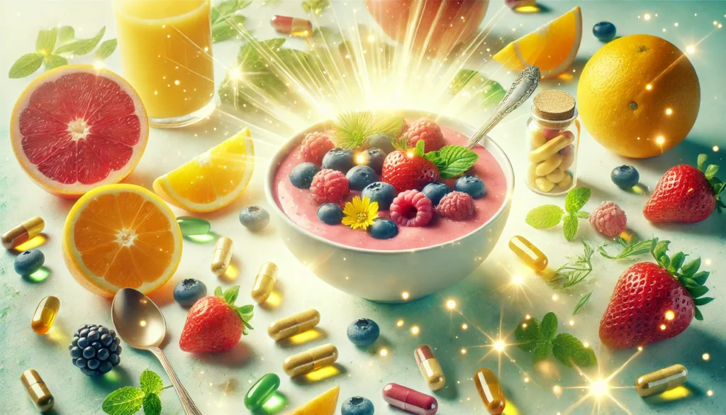 A bright and healthy breakfast spread featuring a smoothie bowl, fresh berries, citrus fruits, and vitamin capsules, radiating freshness and vitality for a daily energy boost.