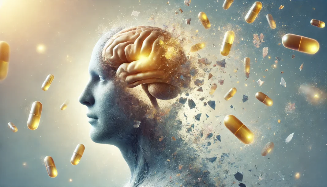 A surreal image of a dissolving human head with fragmented pieces floating away, while golden multivitamin capsules integrate into the brain, symbolizing memory restoration.