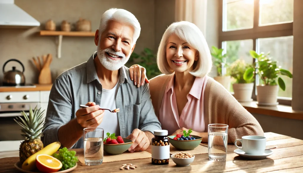 A happy senior couple sitting at a breakfast table, smiling while taking their daily memory-enhancing supplements, with a bottle of cognitive health pills, a glass of water, and nutritious foods like nuts and berries.