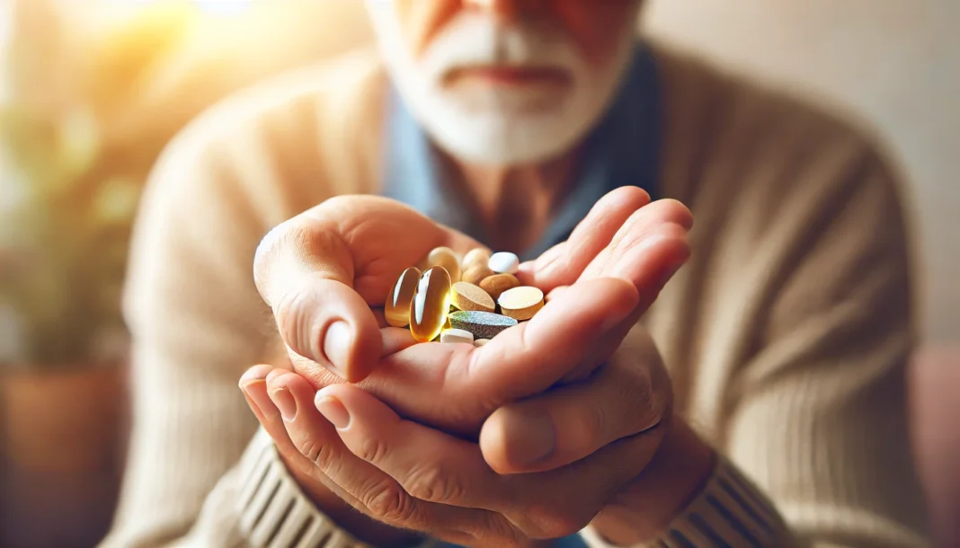 A close-up of a senior's hand gently holding memory-enhancing pills, including omega-3 fish oil, vitamin B-complex, and herbal nootropic capsules, against a softly blurred background for a comforting feel.