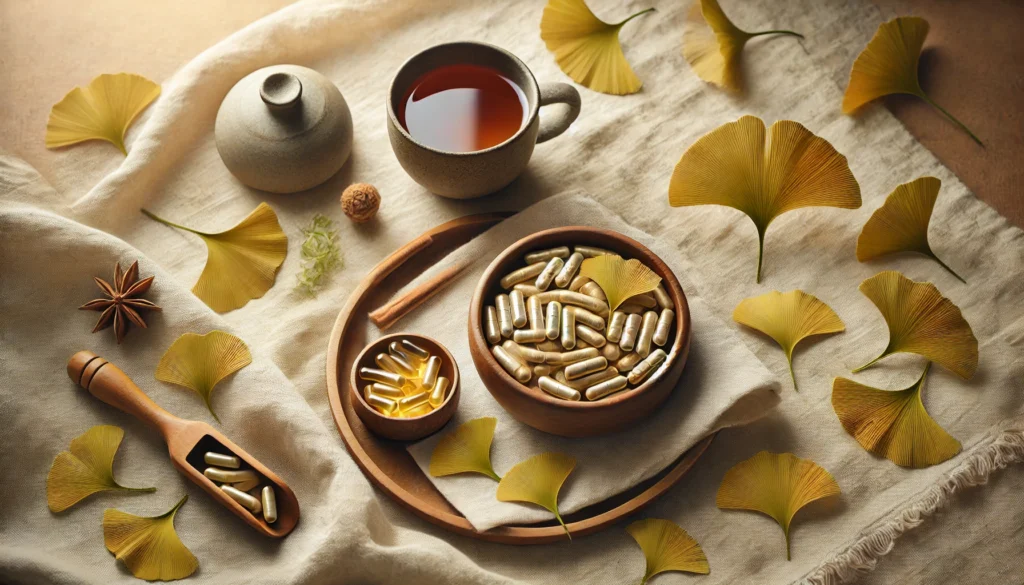 A calming flat lay featuring dried Ginkgo Biloba leaves, a wooden bowl filled with capsules, and a tea cup on a linen cloth, styled in a spa-like wellness setting.