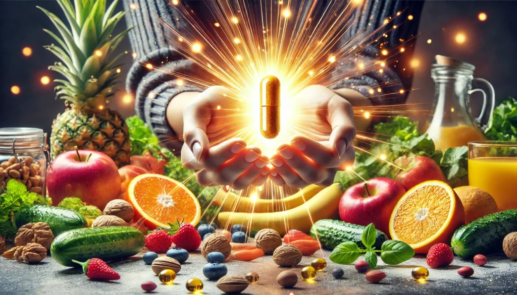A pair of hands holding a glowing vitamin capsule with fresh fruits, vegetables, and nuts in the background, symbolizing the direct energy-boosting and wellness benefits of essential nutrients.