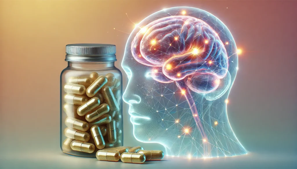 A visual representation of a transparent human brain with glowing neural connections beside a pile of multivitamin capsules, symbolizing the relationship between supplements and brain health. The background features a soft gradient for a clean, conceptual look.