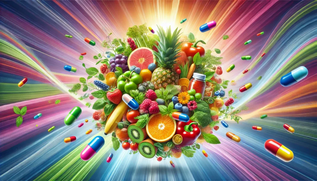 A dynamic swirl of fresh fruits, vegetables, and vitamin capsules arranged in a colorful, radiant composition, symbolizing vitality, health, and the energy-boosting power of vitamins.