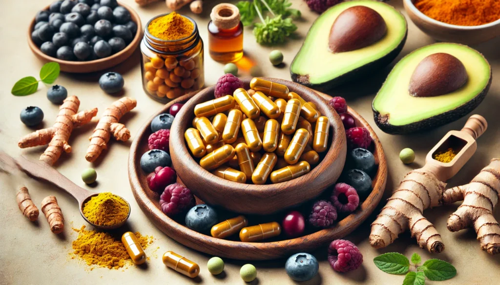 A wellness-themed composition featuring a wooden bowl filled with metabolism-supporting vitamin capsules, surrounded by turmeric roots, berries, and avocado slices, with a soft, natural background symbolizing vitality and energy balance.