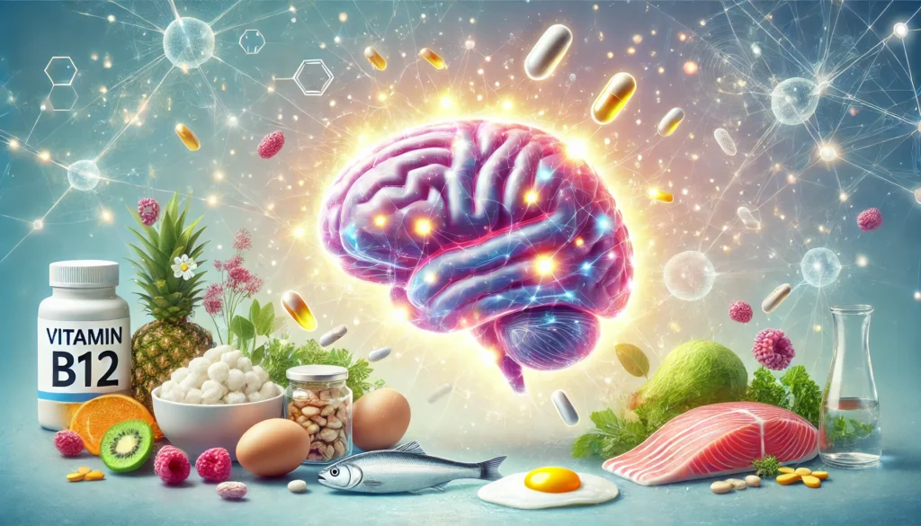 A glowing brain surrounded by floating Vitamin B12 capsules and nutrient-rich foods such as fish, eggs, and dairy. The background features a subtle scientific aesthetic with neural connections, symbolizing cognitive enhancement.