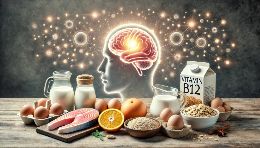 A selection of Vitamin B12-rich foods, including salmon, eggs, dairy, and fortified cereals, arranged on a wooden table with soft natural lighting. A glowing brain illustration in the background subtly represents cognitive benefits.