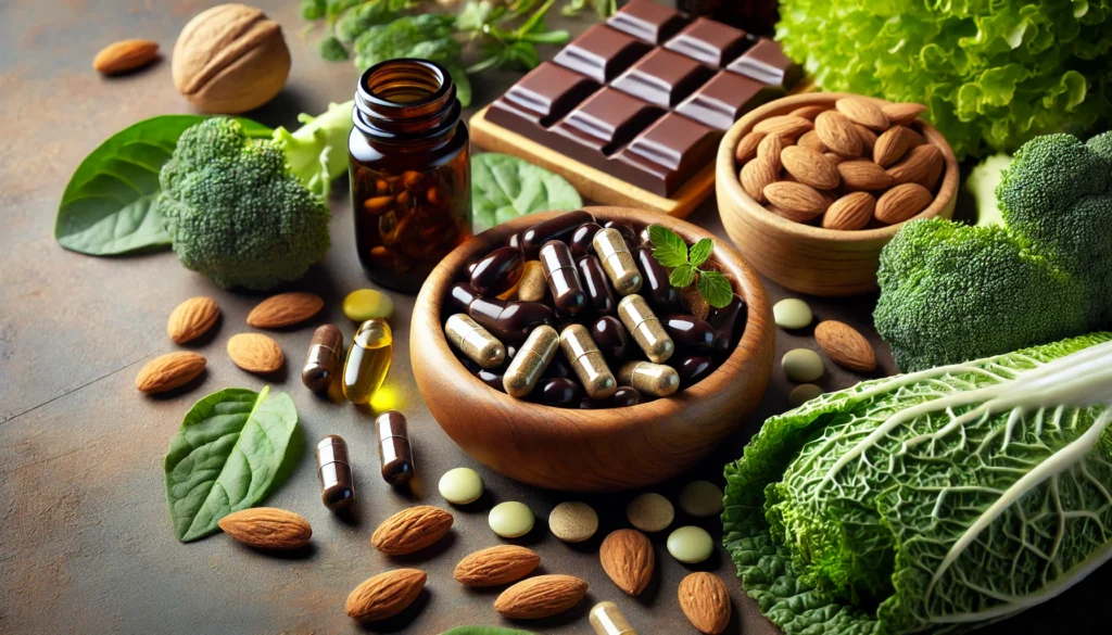 A close-up of various vitamin and mineral capsules placed in a small wooden bowl, surrounded by natural focus-enhancing ingredients such as dark chocolate, almonds, and leafy greens, promoting mental clarity.