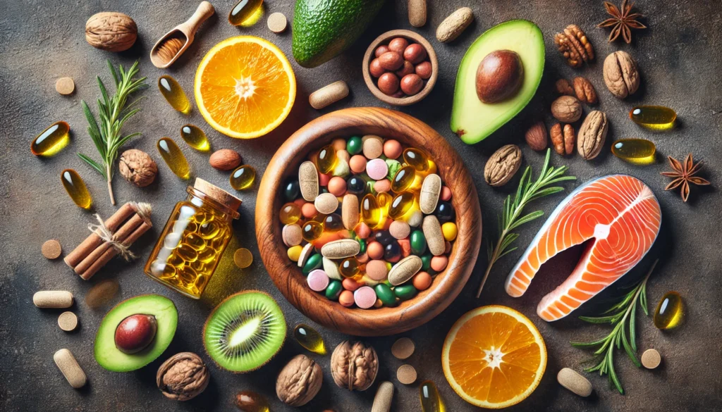 A wooden bowl filled with fish oil capsules, vitamin D softgels, and multivitamin tablets, placed among nutrient-rich foods like avocado, salmon, citrus fruits, and nuts, symbolizing natural mental health support.