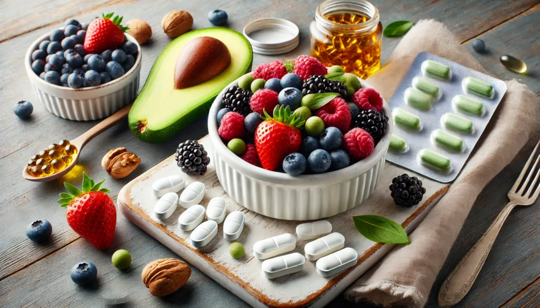 A white ceramic bowl filled with metabolism-enhancing vitamin tablets and omega-3 softgels, placed next to fresh berries, avocado, and nuts on a clean wooden surface, representing balanced nutrition for energy and metabolic health.