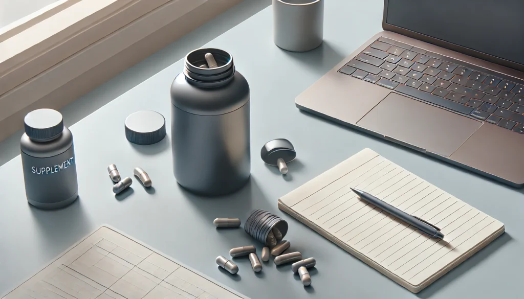 A minimalist image showing a tipped supplement bottle spilling capsules onto a work desk beside a laptop and notepad, representing the integration of supplements into daily productivity routines.