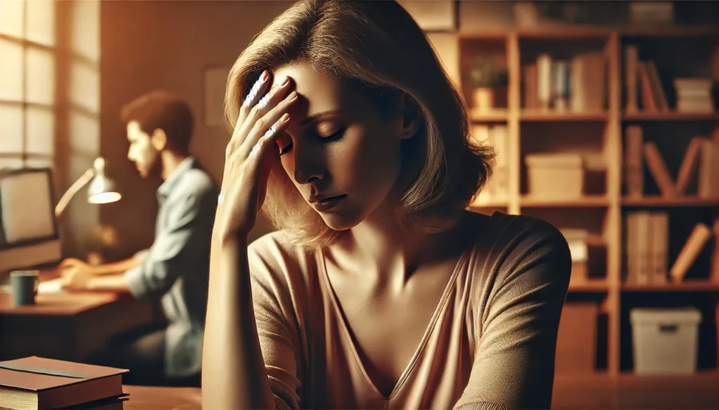 Woman holding her forehead in quiet mental exhaustion, symbolizing autoimmune disease brain fog and inner cognitive fatigue.