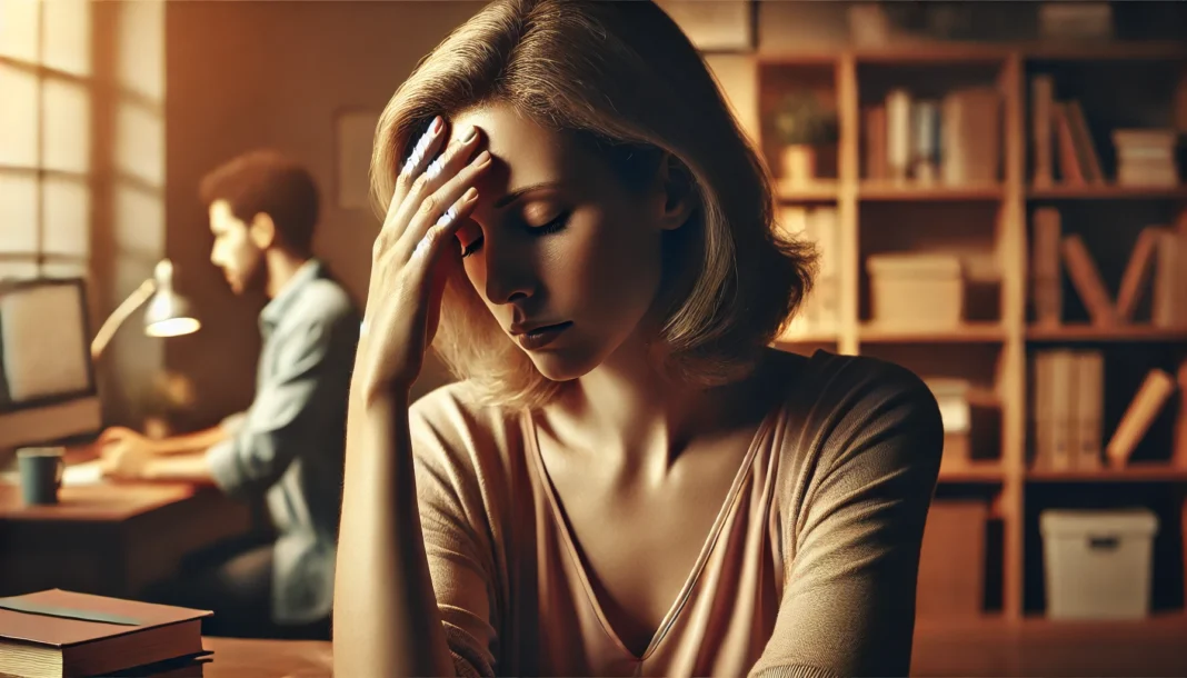 Woman holding her forehead in quiet mental exhaustion, symbolizing autoimmune disease brain fog and inner cognitive fatigue.