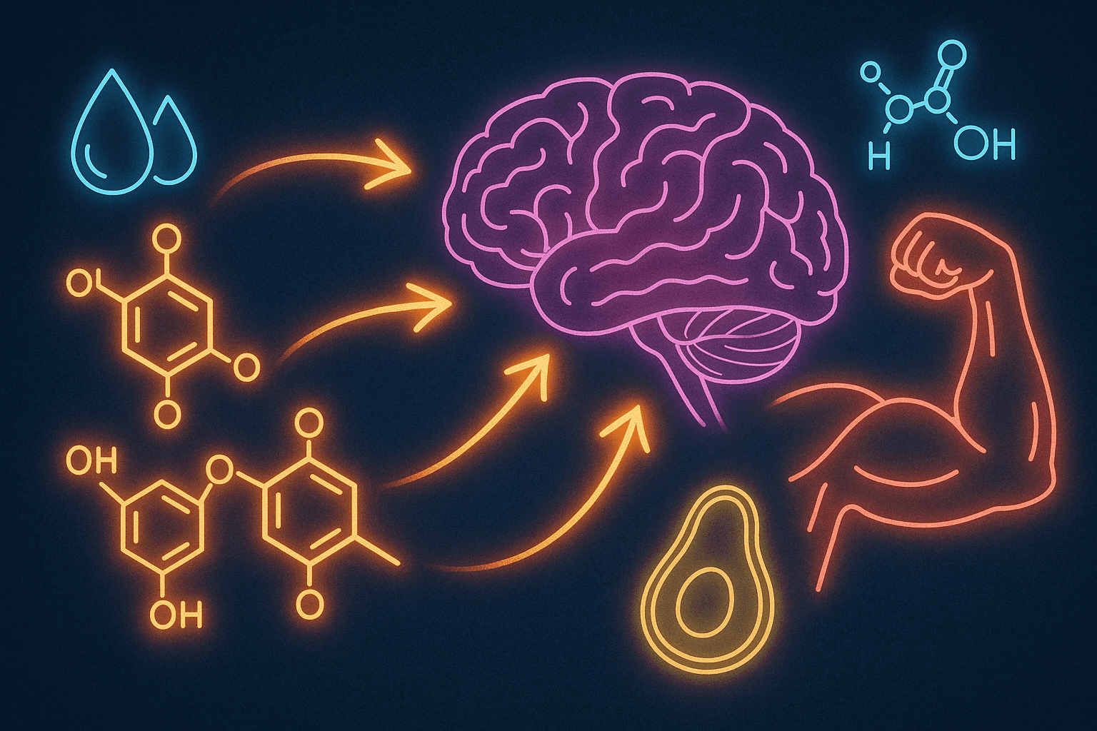 Glucose molecules fueling brain and muscles with energy flow arrows, surrounded by hydration, amino acids, and healthy fats—illustrating the best foods for energy and focus