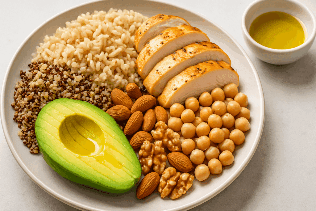Healthy meal plate with brown rice, quinoa, grilled chicken, chickpeas, avocado, nuts, and olive oil—best foods for energy and focus