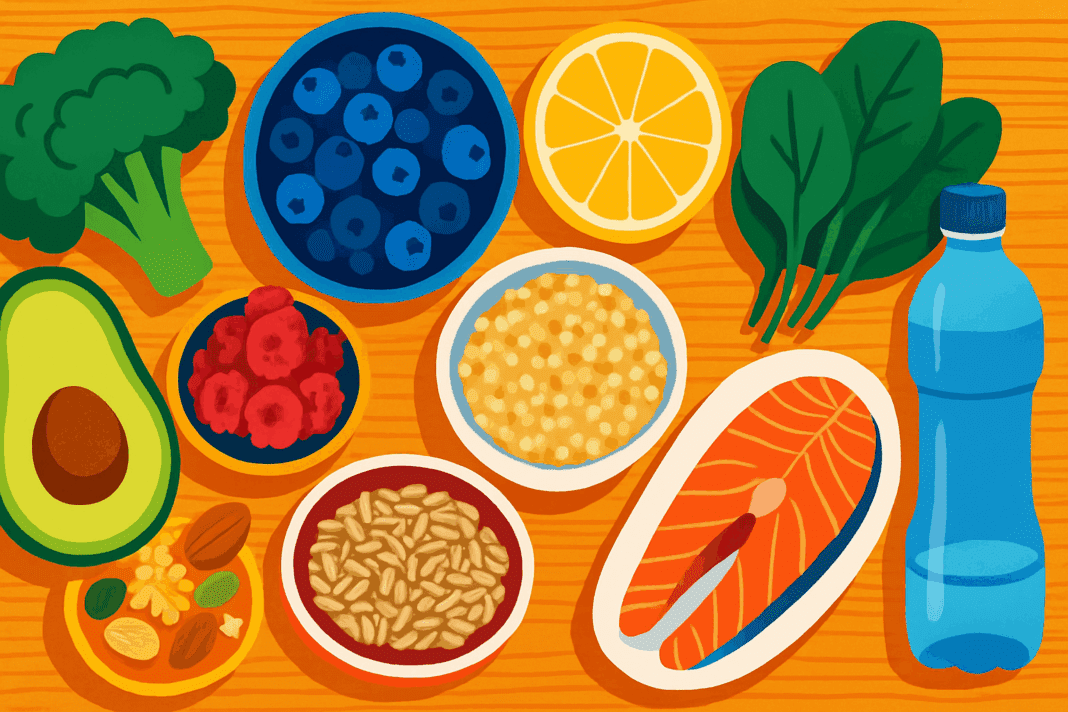 Flat lay of the best foods for energy and focus, including salmon, avocado, leafy greens, citrus fruits, berries, whole grains, nuts, and water on a wooden table