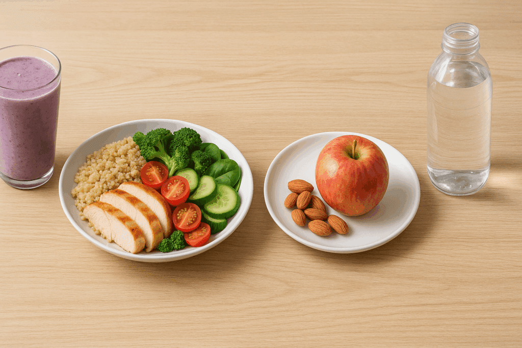 Balanced daily meals showing the best foods for energy and focus: smoothie, quinoa chicken bowl, apple, almonds, and water bottle on a wooden table