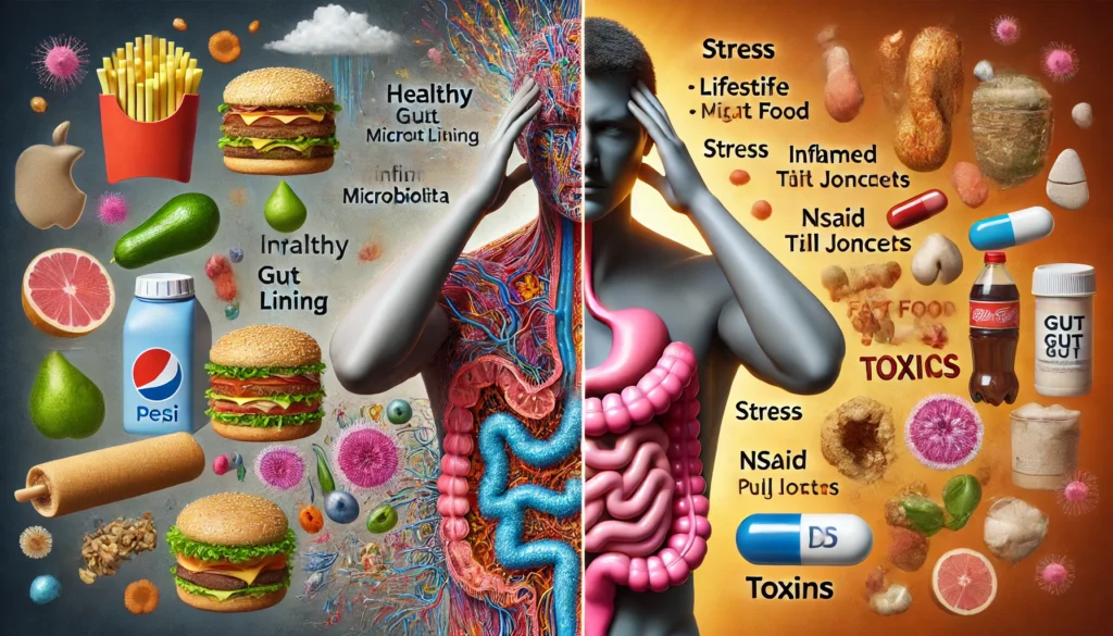 Conceptual visual comparing healthy and damaged gut lining to show why gut repair supplements are needed