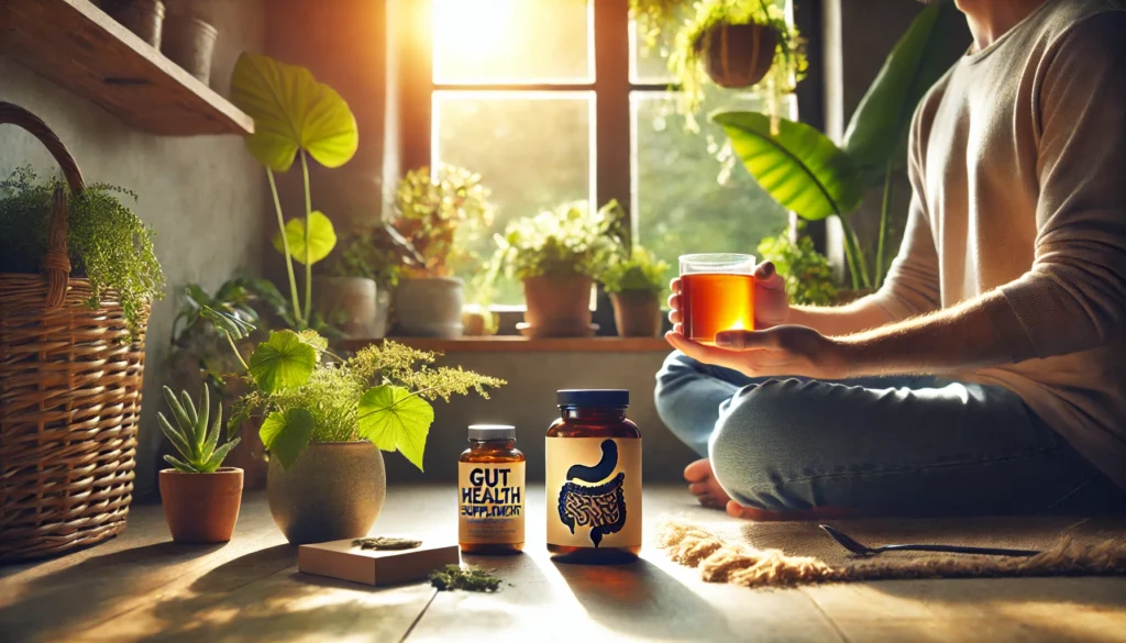 Serene moment showing a person embracing gut repair supplements as part of natural wellness routine